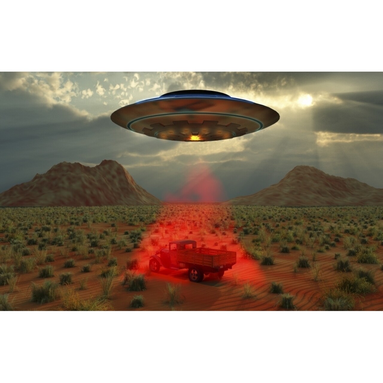 An Alien Ufo Probing A 1930S Style Truck In Desert Landscape. Poster Print By Mark Stevenson/Stocktrek Images